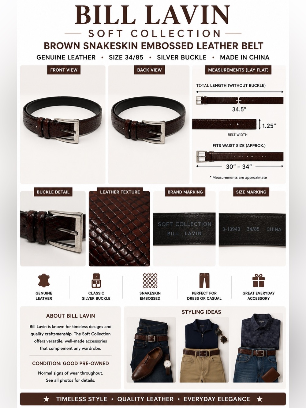 Bill Lavin Soft Collection Brown Snakeskin Embossed Leather Belt Silver Buckle S
